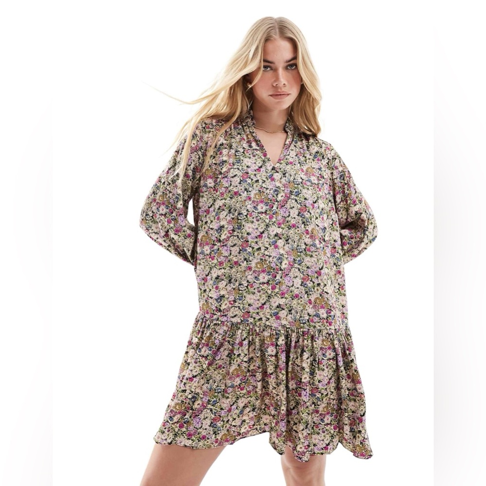 & Other Stories Floral Tiered Hem Mini Shirt Dress Pink Green Long Sleeve Size S